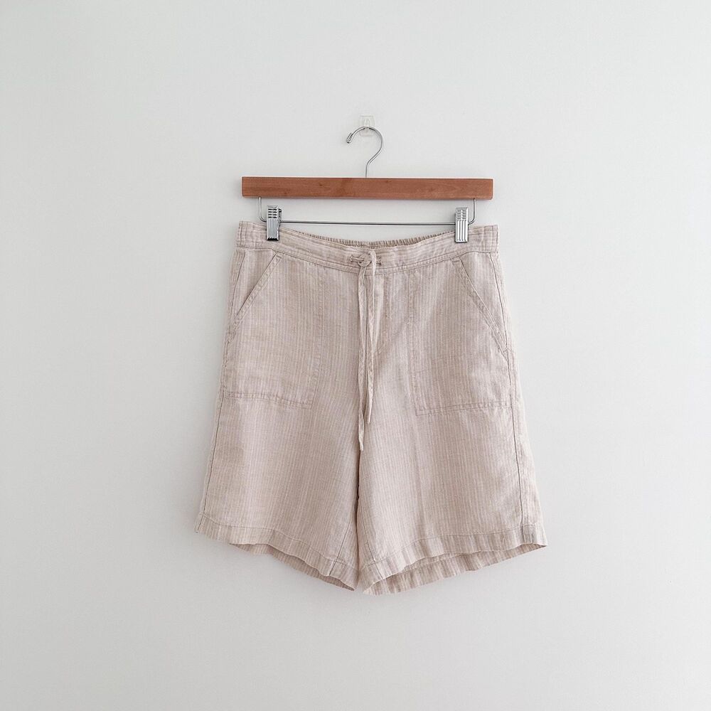 Orvis 100% Linen Pull On Shorts Beige Cream Stripe Utility Relaxed Fit Size S